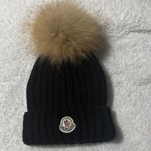 Moncler Black Beanie with Tan Fur Pom